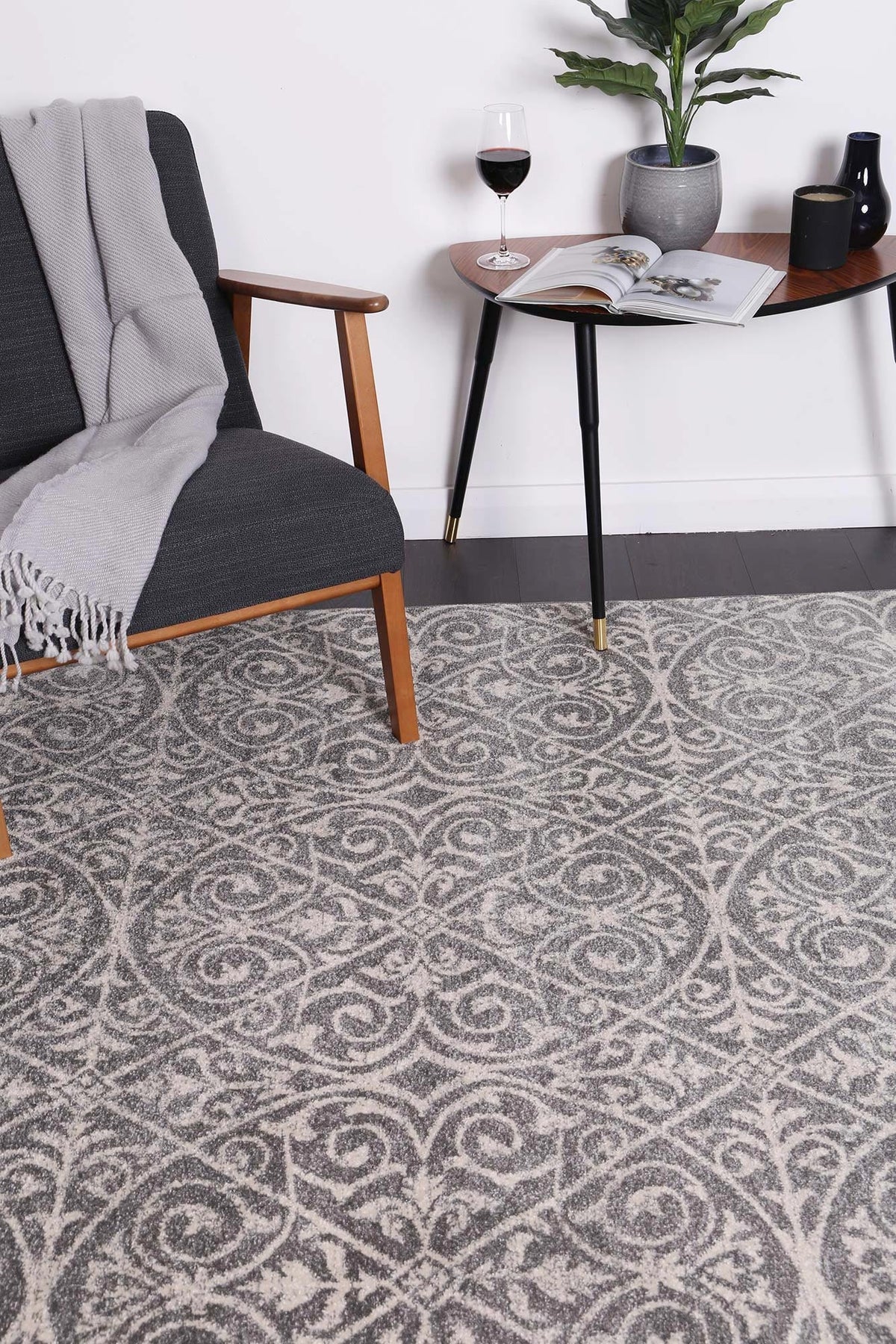 Floral Scroll Grey & Ivory Rug